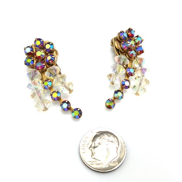1950s Red Aurora Borealis Crystal Ear Climber Earrings Vintage Clip On Jewelry - Picture 8 of 10
